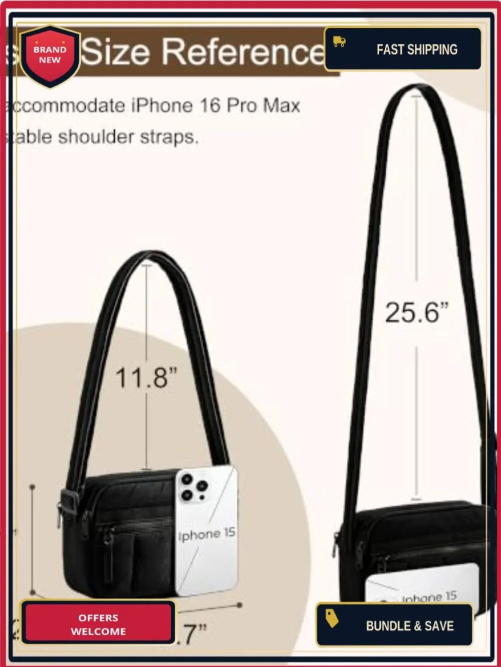 Puffer Crossbody Bag with Double Zip, Nylon, Padded Strap, Travel Gym
